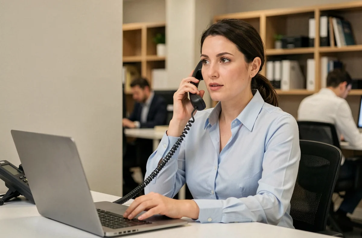 Femme professionnelle passant un appel au service client UPS international depuis son bureau