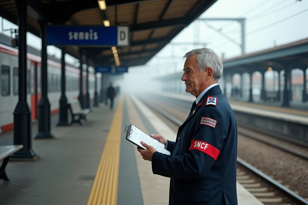 Contrôleur SNCF expérimenté sur un quai de gare régionale attendant un TER, symbolisant la carrière et l'évolution salariale dans le secteur ferroviaire