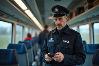 Contrôleur SNCF en uniforme vérifiant un billet dans un train Intercités, représentant le métier et le salaire du contrôleur ferroviaire