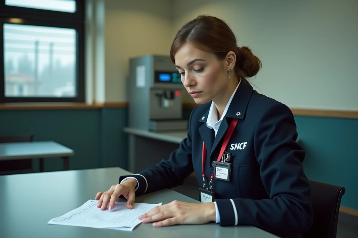 Contrôleuse SNCF consultant sa fiche de paie dans une salle de pause de dépôt ferroviaire, illustrant l'écart entre salaire théorique et réel