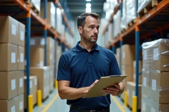 Coordinateur logistique Heppner or dans un entrepôt de fret examinant des documents d'expédition