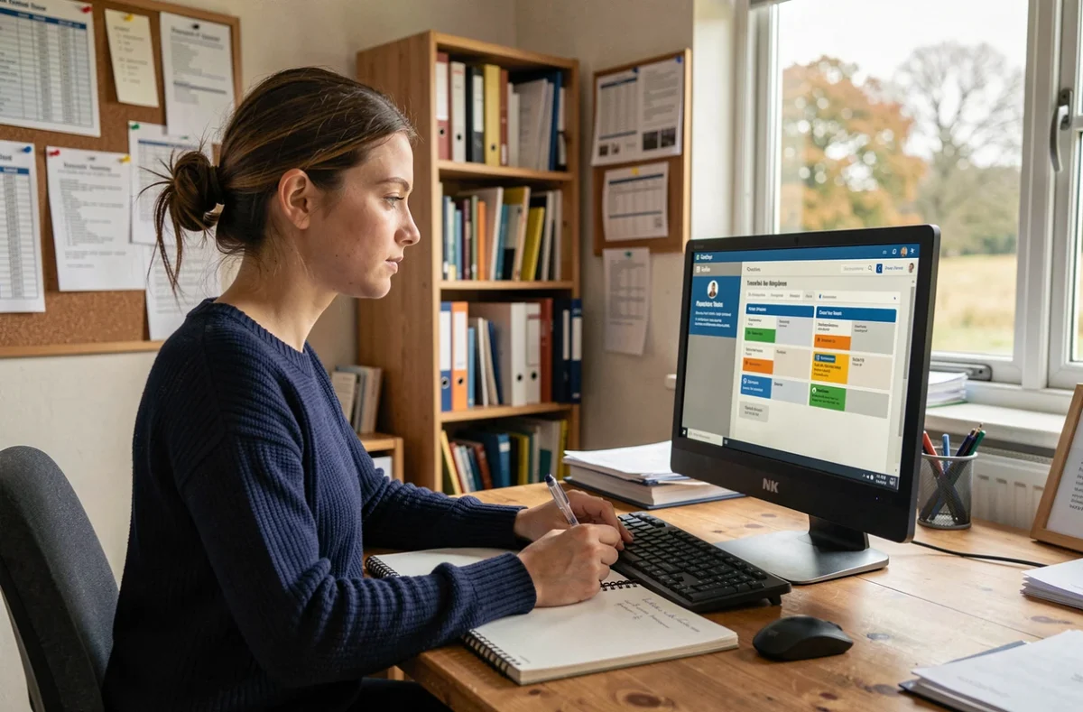 Jeune coordinatrice de MFR consultant l'intranet de suivi d'équipe sur son ordinateur de bureau dans un bureau administratif