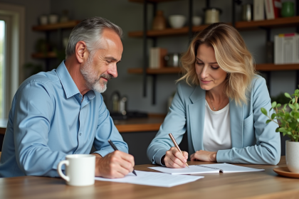 Couple français signant documents dans une cuisine moderne