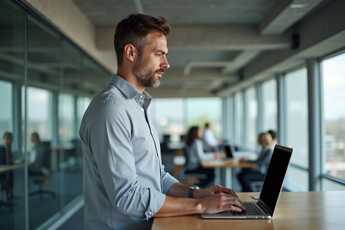 Courtier en assurance consultant l'extranet AXA sur un laptop dans un espace de travail open-space moderne