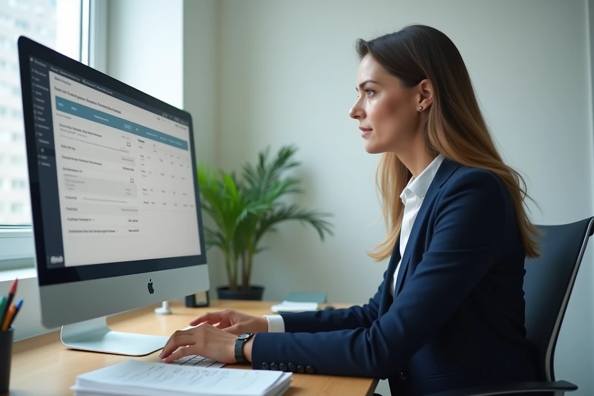 Courtière en assurance utilisant l'extranet AXA sur son ordinateur de bureau dans un bureau professionnel moderne