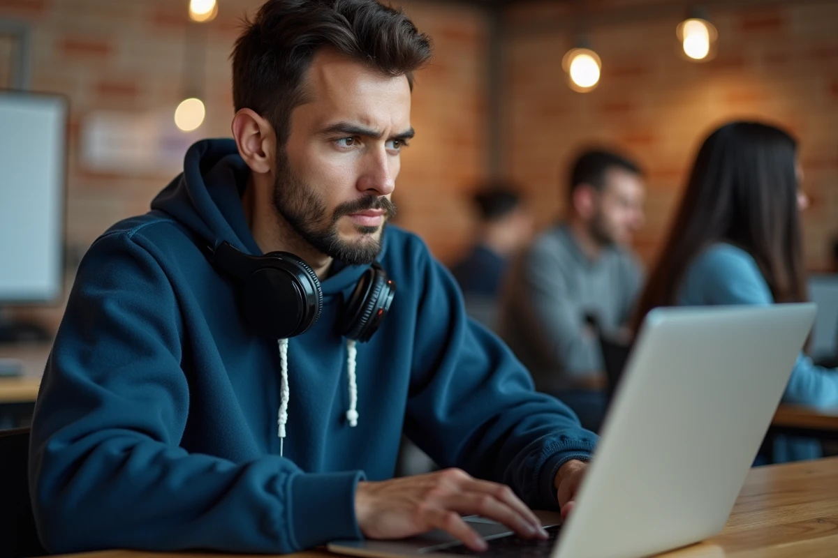 Personne travaillant en espace de coworking sur laptop, questionnement sur la rentabilité du télétravail sans diplôme