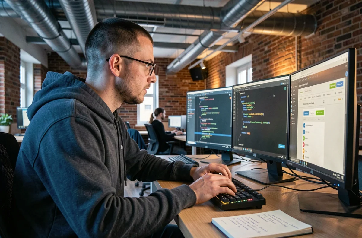 Développeur de Digitium codant une application web dans un espace de coworking moderne à Strasbourg