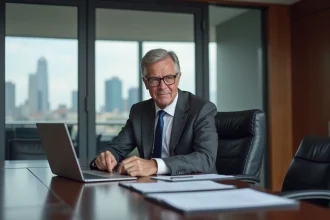 Dirigeant exécutif de haut rang assis dans une salle de conseil d'administration moderne avec vue sur une ville européenne, illustrant la gouvernance d'un grand groupe automobile comme Stellantis