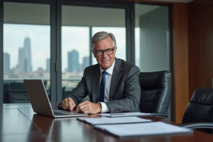 Dirigeant exécutif de haut rang assis dans une salle de conseil d'administration moderne avec vue sur une ville européenne, illustrant la gouvernance d'un grand groupe automobile comme Stellantis
