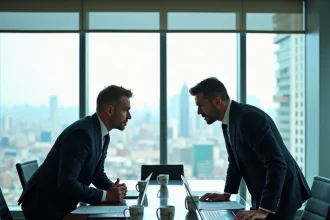 Deux dirigeants d'entreprise en costume s'affrontent autour d'une table de réunion dans un gratte-ciel moderne, symbolisant une guerre commerciale entre sociétés concurrentes