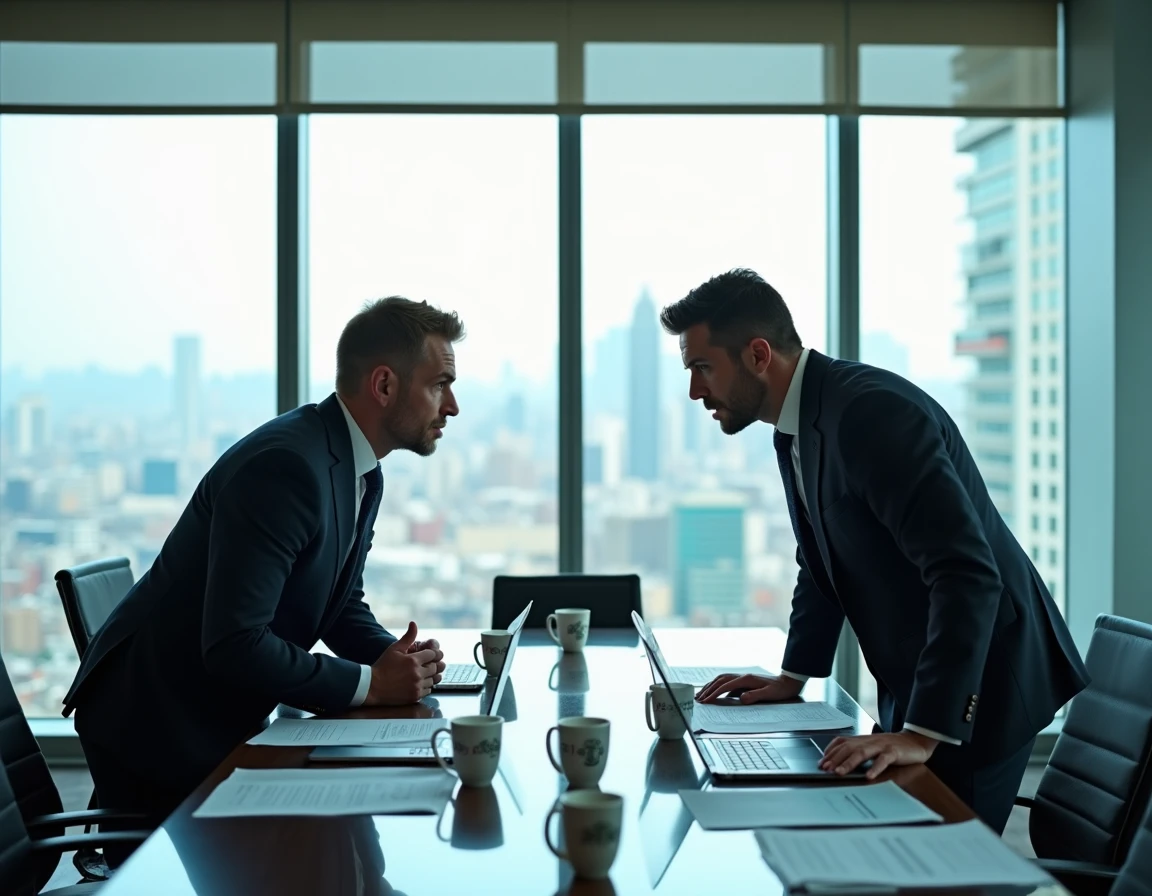 Deux dirigeants d'entreprise en costume s'affrontent autour d'une table de réunion dans un gratte-ciel moderne, symbolisant une guerre commerciale entre sociétés concurrentes