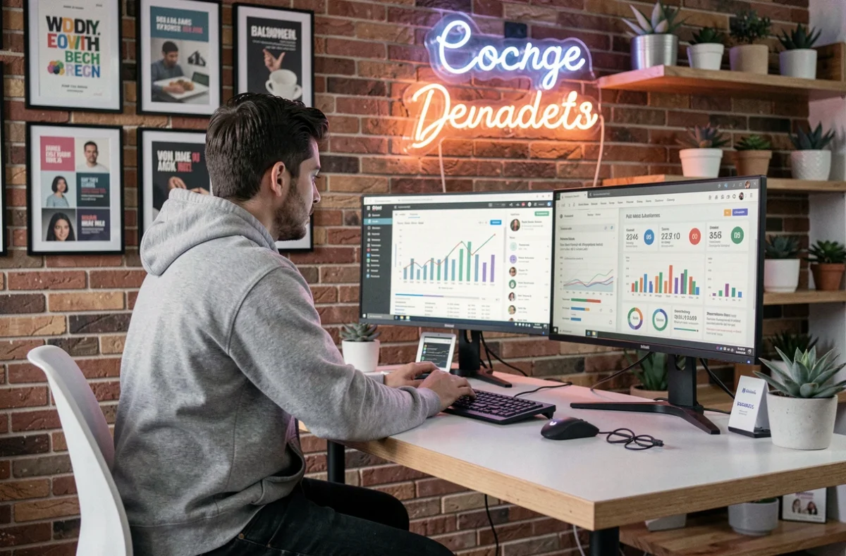 Spécialiste marketing digital de l'agence Dunk à Marseille analysant des performances de campagnes publicitaires sur double écran dans un bureau moderne