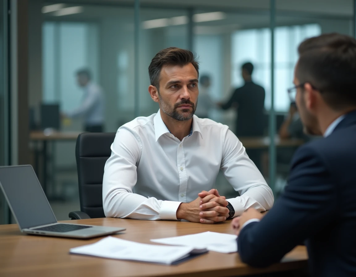 Employé réembauché faisant face à son manager dans une salle de réunion d'entreprise, illustrant une situation de pression professionnelle après licenciement