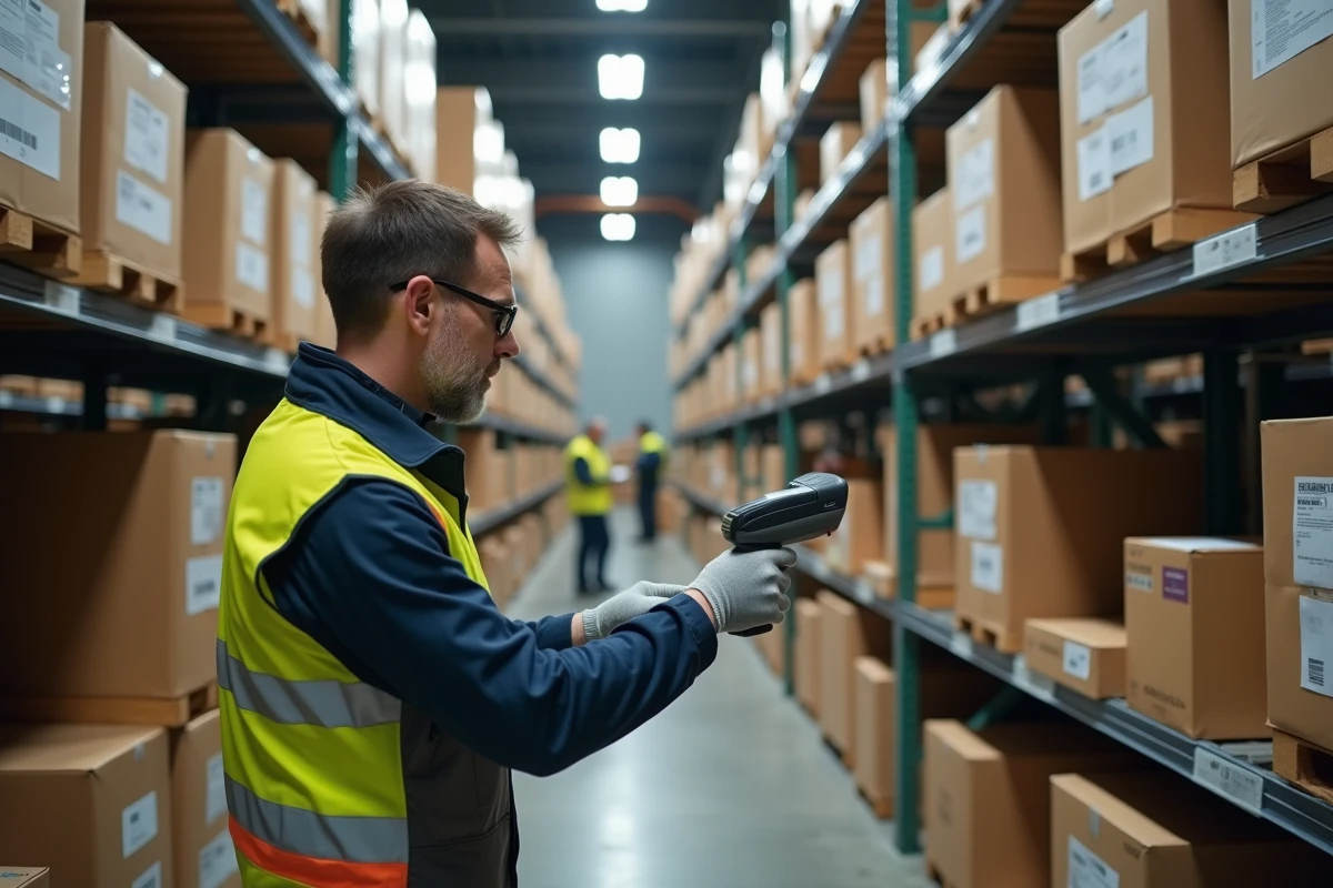 Entrepôt logistique avec tri de colis et scanner de livraison dans la région lyonnaise