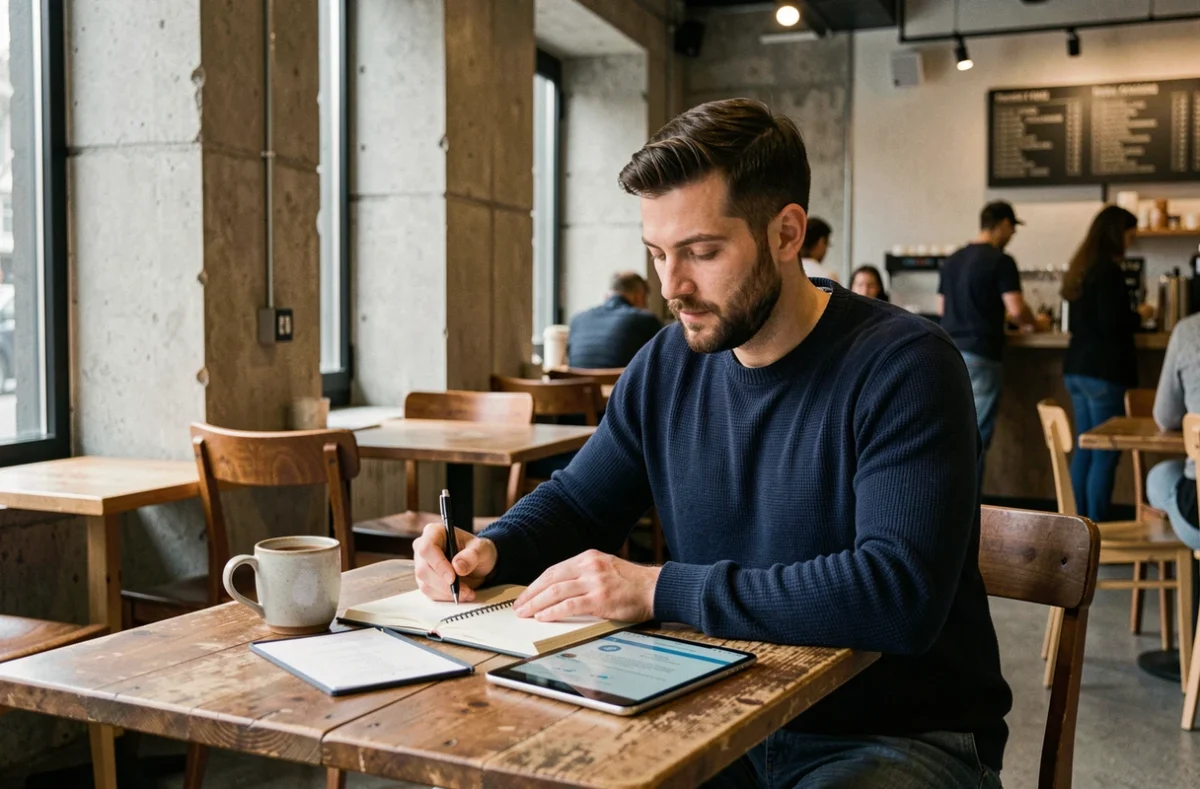 Entrepreneur masculin travaillant sur son projet de business en ligne dans un café urbain avec une tablette et un carnet
