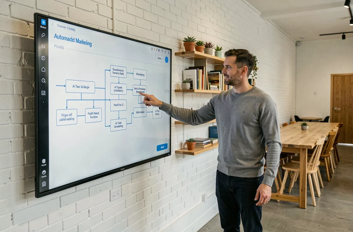 Entrepreneur présentant un flux de travail d'automatisation marketing piloté par l'intelligence artificielle sur un écran interactif