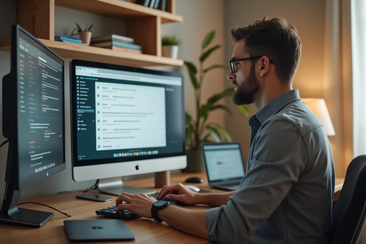 Entrepreneur B2B gérant ses contacts en ligne depuis un bureau à domicile moderne pour fidéliser ses clients