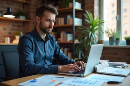 Entrepreneur masculin concentré travaillant sur un plan d'action business 2026 à son bureau moderne avec des graphiques financiers et un agenda ouvert