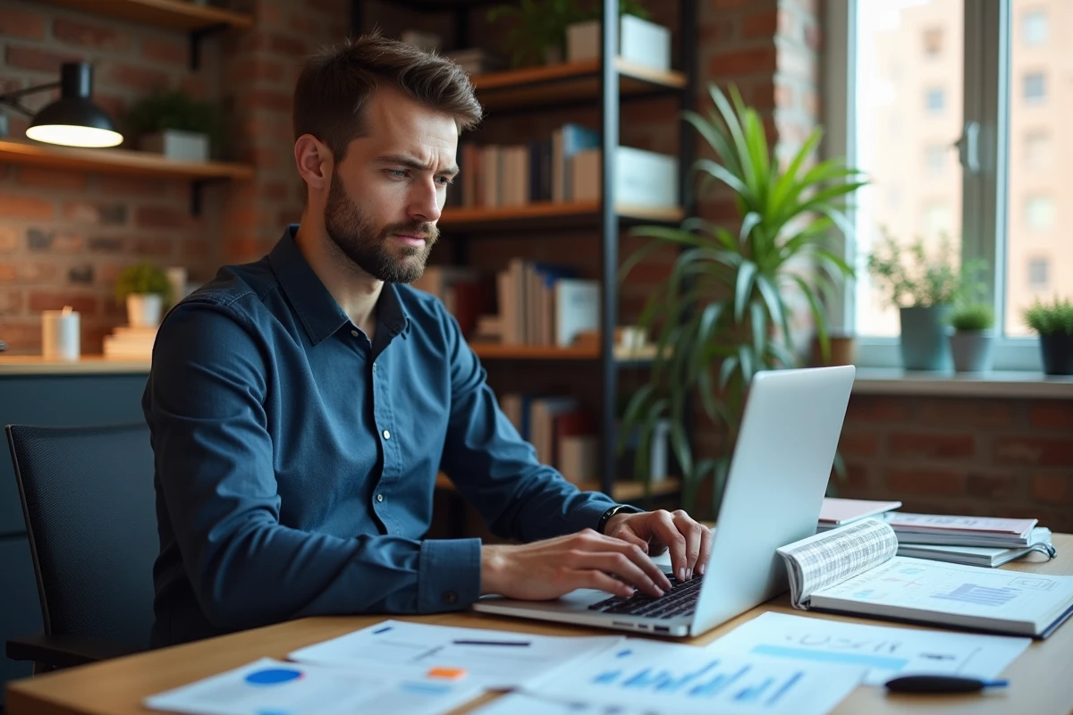 Entrepreneur masculin concentré travaillant sur un plan d'action business 2026 à son bureau moderne avec des graphiques financiers et un agenda ouvert
