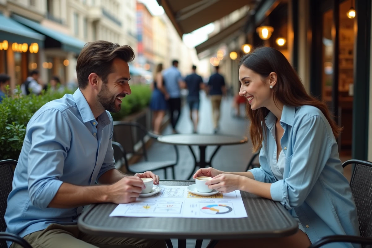 Deux entrepreneurs discutant d'un plan d'action commercial pour 2026 autour d'un café en terrasse avec des documents de stratégie étalés sur la table