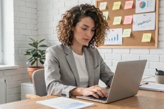 Entrepreneuse consultant des documents d'aides pour lancer son business en ligne depuis son bureau à domicile