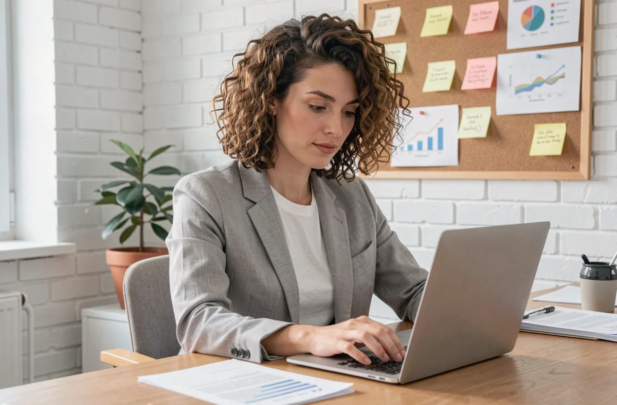 Entrepreneuse consultant des documents d'aides pour lancer son business en ligne depuis son bureau à domicile