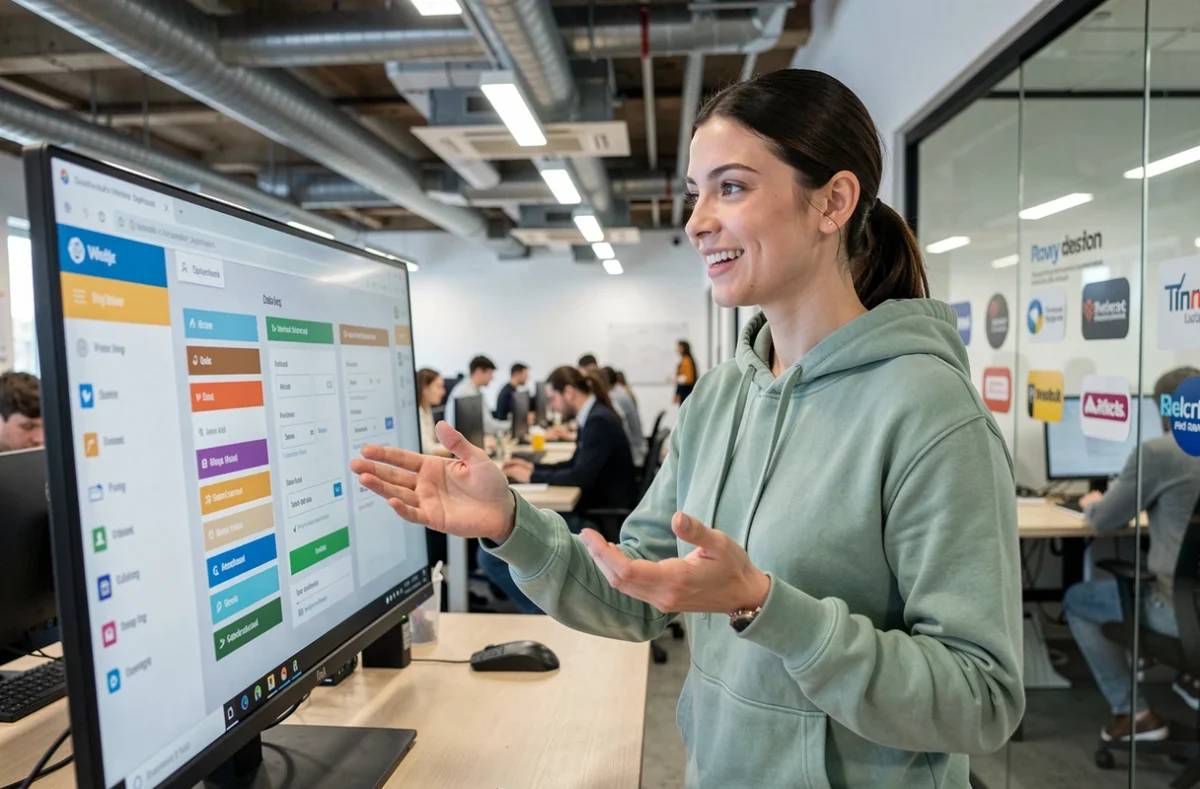Jeune entrepreneuse présentant un tableau de bord d'aides pour entrepreneurs dans un espace de coworking moderne