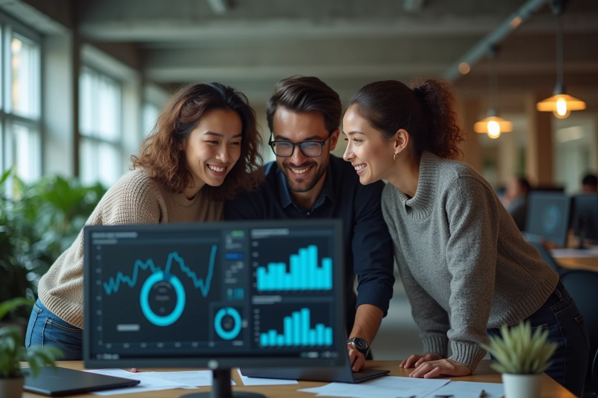 Équipe de jeunes auditeurs collaborant autour d'un écran avec des données financières dans un open space moderne