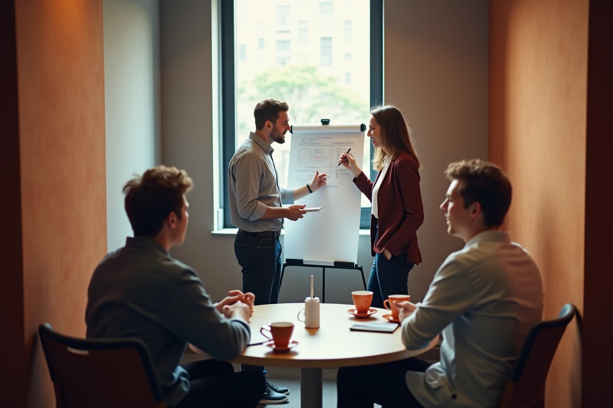 Équipe diverse et engagée participant à une session de brainstorming collaboratif autour d'un tableau blanc dans un espace de travail moderne