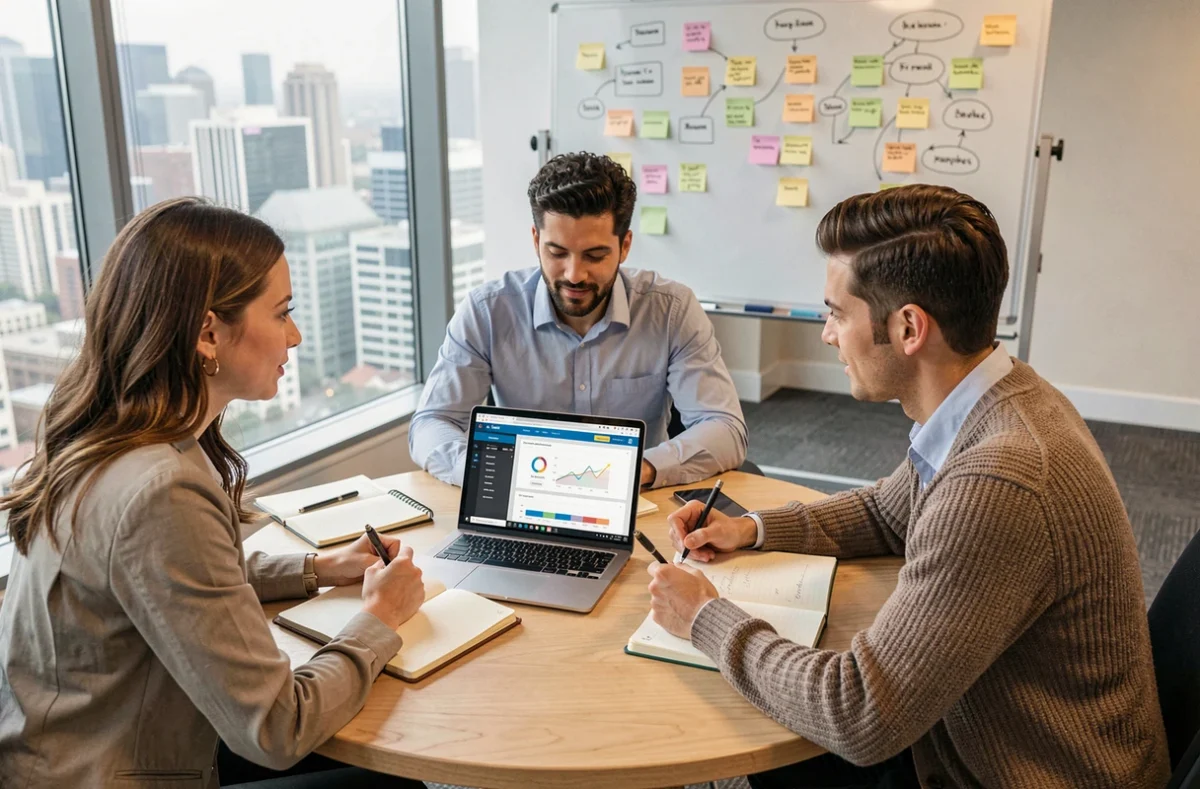 Équipe marketing collaborant autour d'une plateforme d'intelligence artificielle pour automatiser leurs tâches digitales