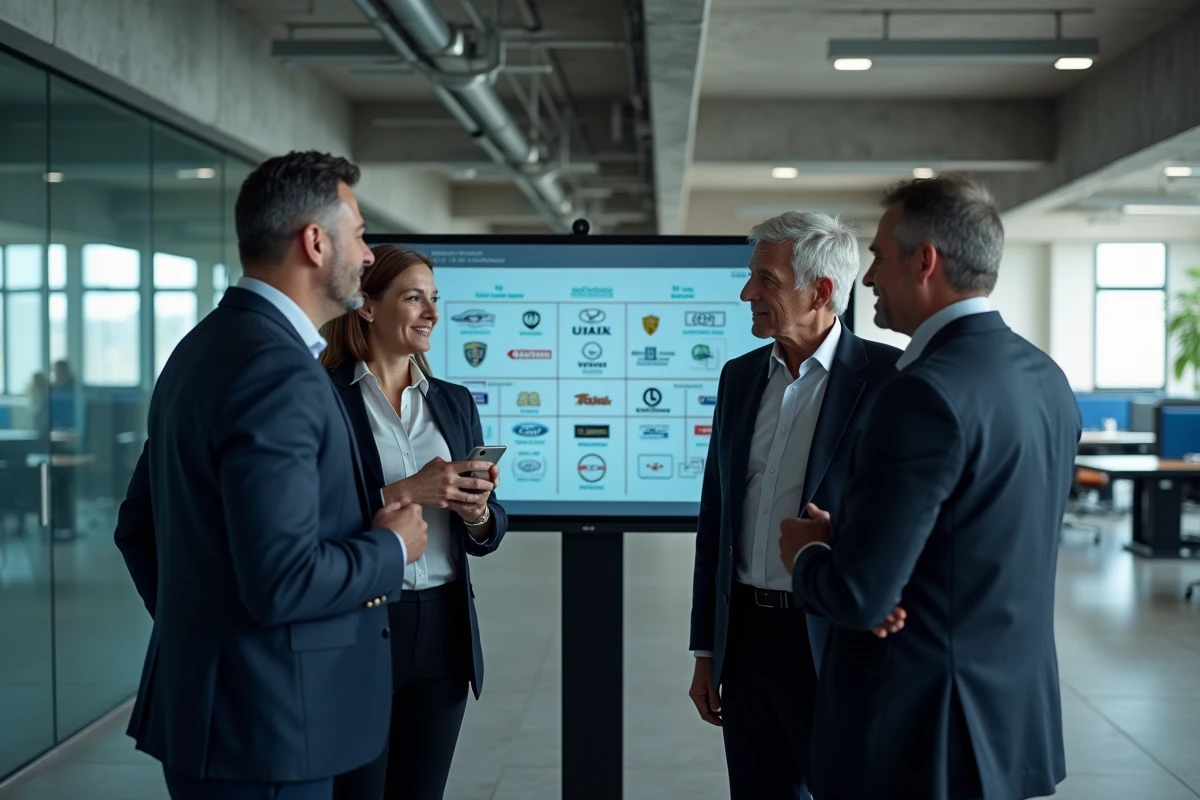 Équipe de dirigeants d'un grand groupe automobile discutant de la gouvernance et de l'organigramme devant un écran affichant des logos de marques automobiles dans un siège social moderne