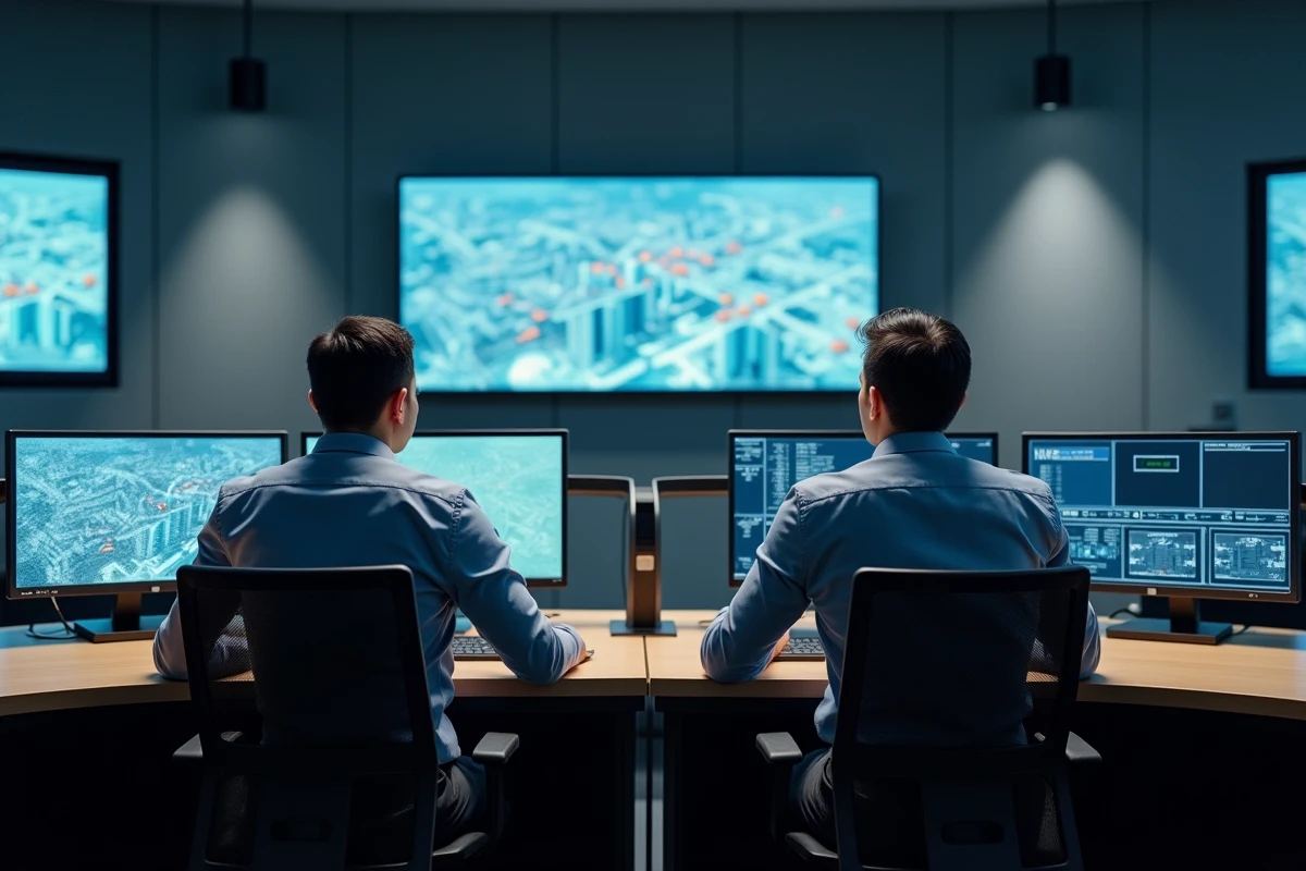 Équipe de gestion de bâtiments travaillant dans une salle de contrôle centralisée avec supervision multi-sites en temps réel