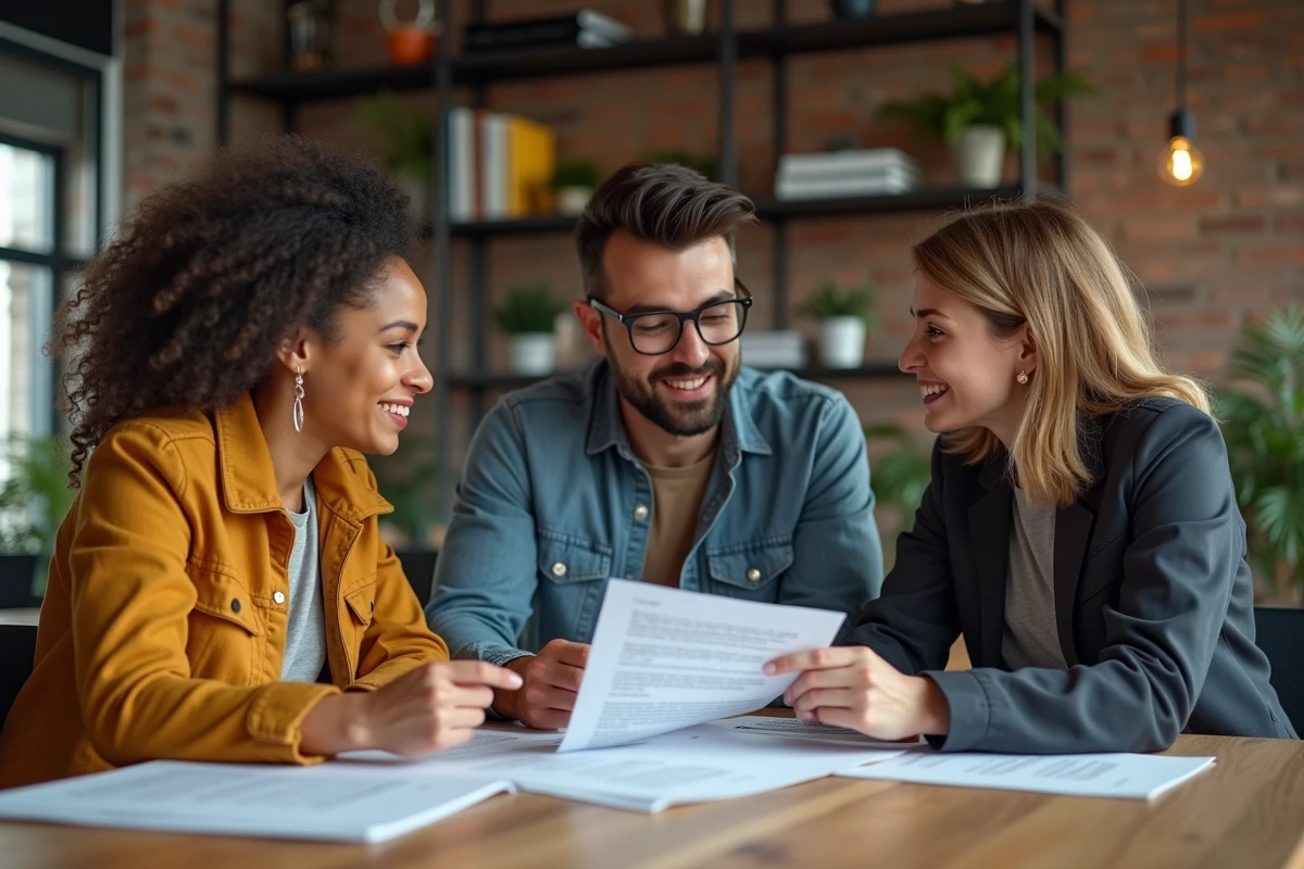 Equipe startup discutant de documents de risque dans un espace coworking