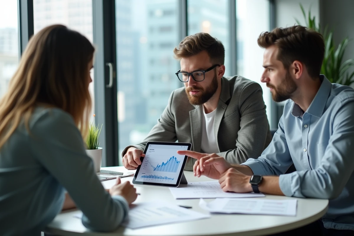 Équipe de startup en réunion autour d'un pitch deck et d'une plateforme de financement numérique