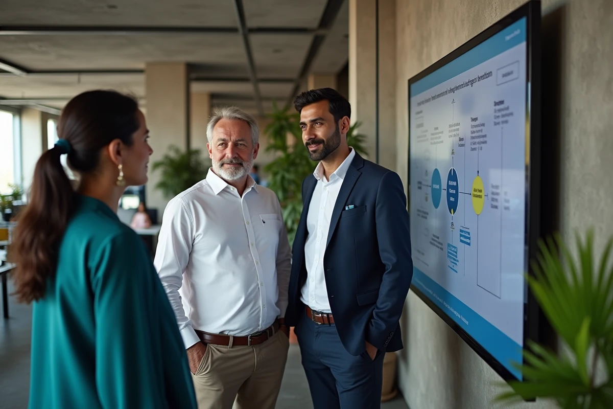 Équipe multiculturelle analysant le processus d'enregistrement IEM sur un écran numérique dans un espace de coworking à New Delhi