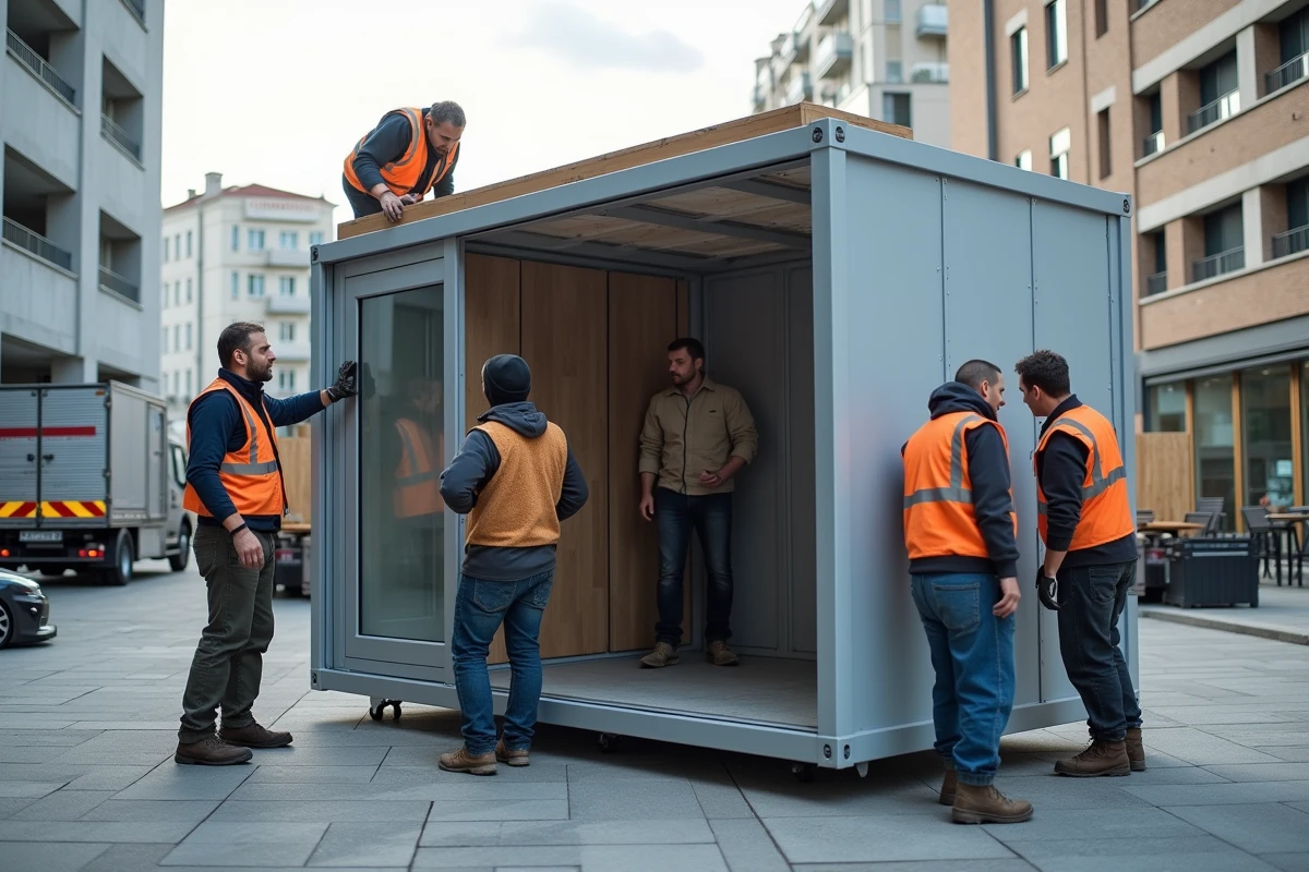 Travailleurs d&eacute;montant une salle de r&eacute;union modulaire en ext&eacute;rieur