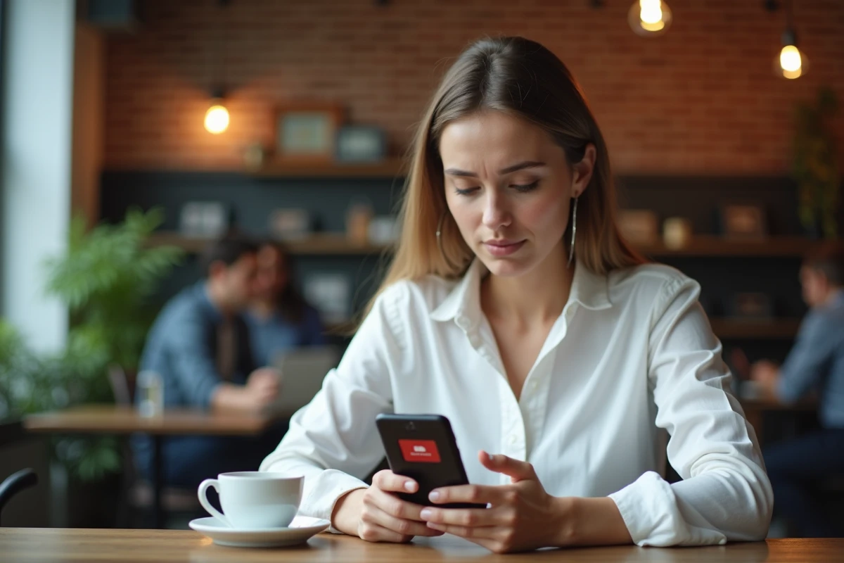 Jeune femme consultant une erreur de connexion à son compte Terciel sur smartphone dans un café