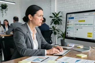 Femme professionnelle frustrée analysant des erreurs de visibilité éditoriale sur un tableau de bord numérique au bureau