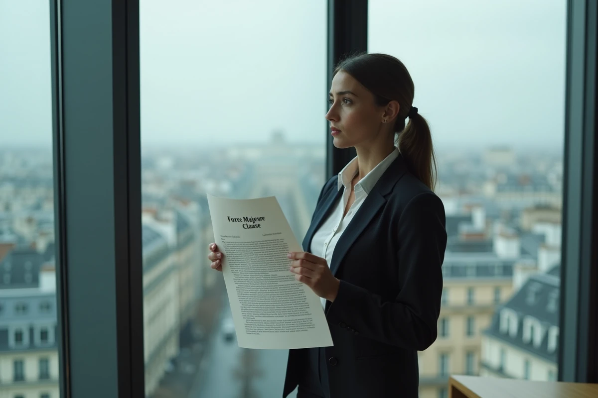 Jeune femme d affaires regardant une clause de force majeure