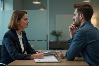 Femme d'affaires en réunion avec un homme dans un bureau moderne