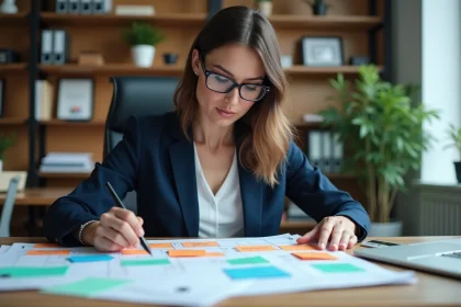 Femme d'affaires en navy arrangeant cartes sur matrice McKinsey