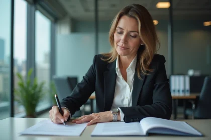 Femme d affaires signant des documents dans un bureau moderne
