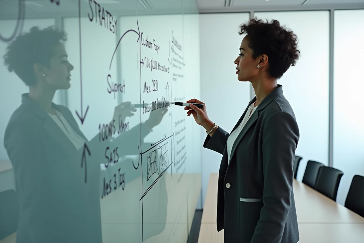 Femme d'affaires présentant une stratégie commerciale sur un tableau blanc dans une salle de réunion moderne pour l'année 2026