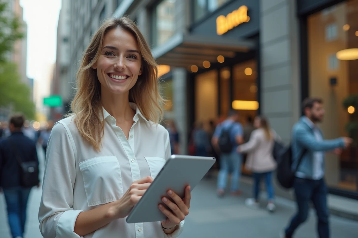 Jeune femme d affaires avec tablette dans la ville