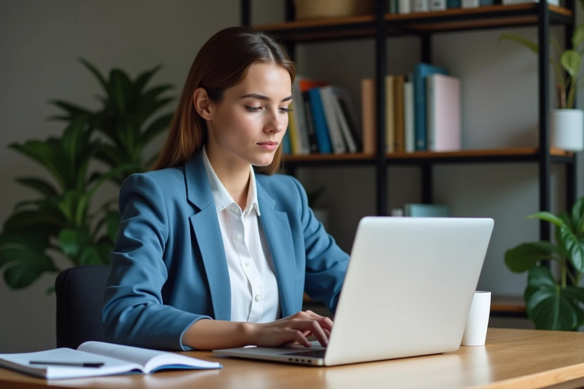 Jeune femme analyse un tableau de bord marketing sur son ordinateur
