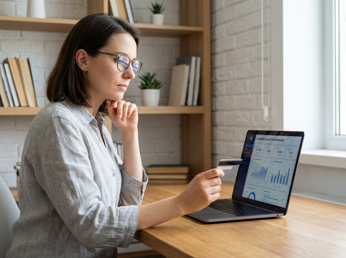 Femme analysant des solutions de paiement en ligne sur un ordinateur portable dans un bureau moderne