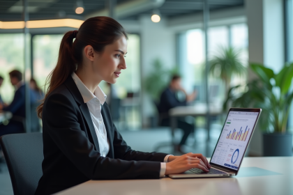 Femme en bureau moderne utilisant un tableau de bord marketing