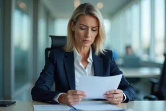 Femme en costume lisant une lettre au bureau