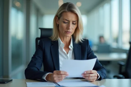 Femme en costume lisant une lettre au bureau