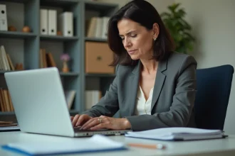 Femme d'âge moyen travaillant sur son ordinateur dans un bureau